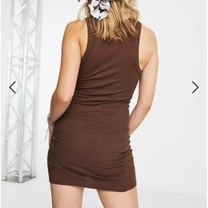 Bershka ribbed racer mini dress in brown L